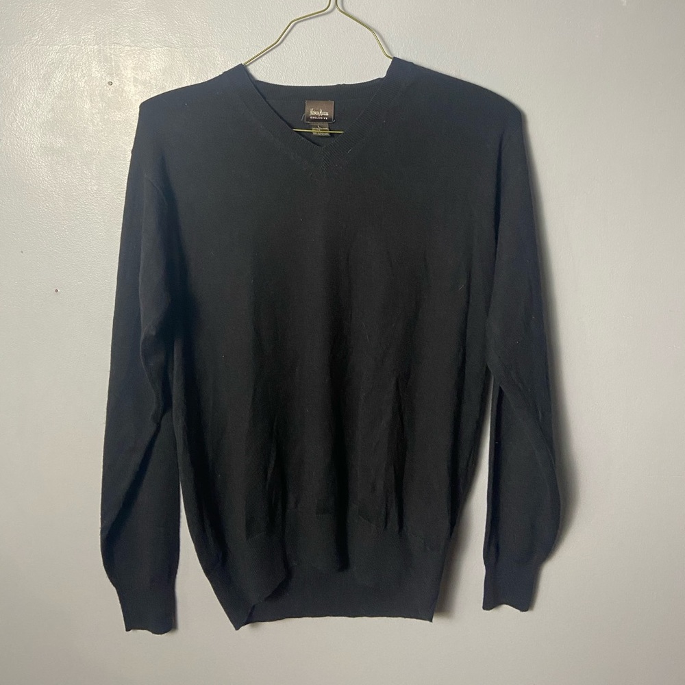 Neiman Marcus Mens L Black Silk Wool Cashmere Long Sleeve V-Neck Sweater
